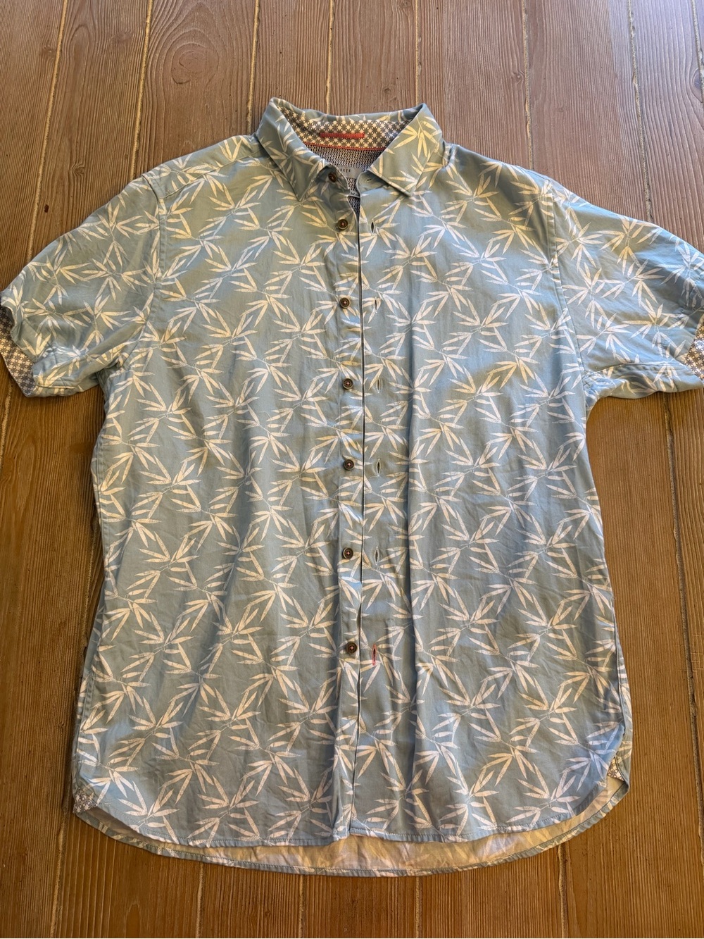 Ted Baker Light Blue Printed Short-Sleeve Button-Up Shirt- leave print